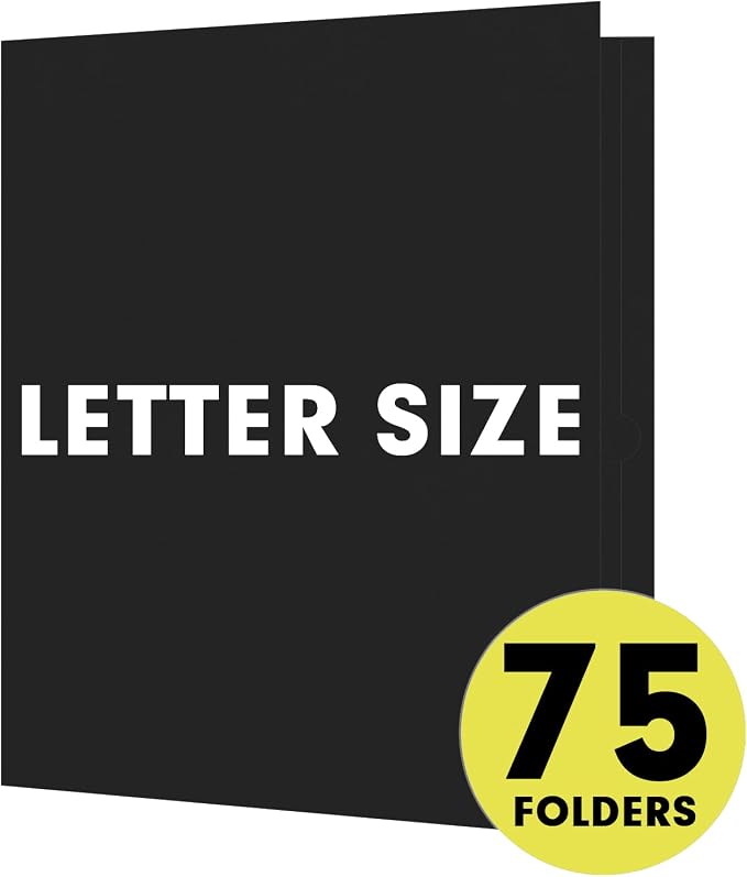 Two Pocket Folders, RAZCC 75 Pack 2 Pocket Folders Fit Letter Size Paper, Paper Folders with Pockets for School Office Business Home (Black)