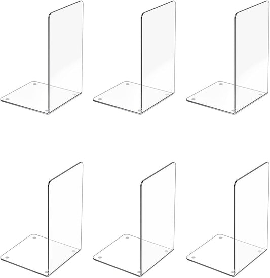 Acrylic Bookends 6 Pcs, Clear Book Ends for Shelves, Transparent Organizer, Holder Stand Decorative, Stoppers for Heavy Duty Books, CD, File, Video Games