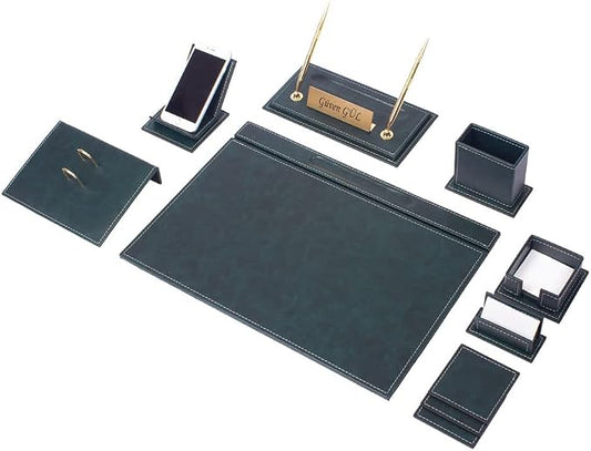 Leather Desk Set-Desk Office Accessories-Office Organizer- Home Office Accessories - Desk Supplies - Desk Storage Organizer -Desk Pad-Storage-12 Pieces -12 PCS (Green)