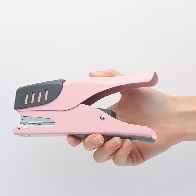 NatSumeBasics Plier Effortless Stapler & 1000 Rose Gold Staples, Handheld Stapler 45 Sheet Capacity Heavy Duty Manual Staplers for Office Accessories Supplies (Pink)