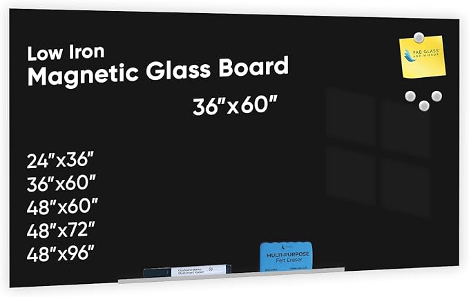 Fab Glass and Mirror Frameless Magnetic Black Glass Dry Erase Board 60 in. x 36 in. | Floating Wall-Mounted with Marker, Tray, Eraser, Pushpins, Vertical or Horizontal Installation