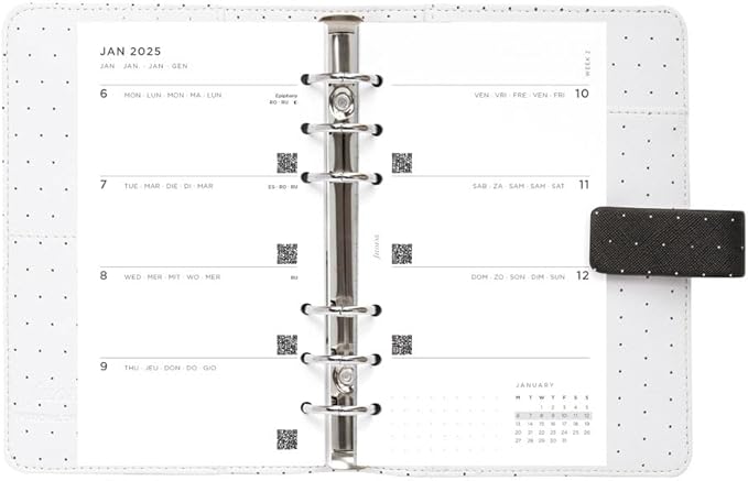 Filofax Moonlight Organizer, Personal Size, Black - Leather-Look, Gold Accents, Six Rings, Week-to-View Calendar Diary, Multilingual, 2025 (C022654-25)