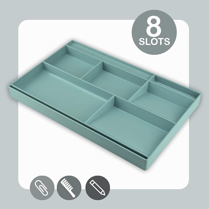 Acrimet Desk Drawer Organizer Tray with 8 Compartments – Multi-Purpose Bin for Office Supplies, Makeup, and Accessories – Fits inside Drawers or Desktops, 12.75" x 8" x 1.06" (Plastic) (Green Color)
