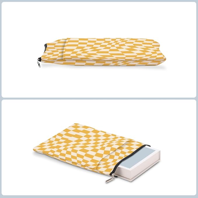 Wave Yellow Plaid Book Lovers Gifts Book Sleeve Vintage Checkered Waterproof Book Cover Book Pouch Book Protector with Front Pocket Book Club Christmas Birthday Gifts for Women Girl Book Accessories