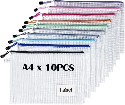 10 Pack Letter Size Mesh Zipper Pouches with Side Label Pocket, Semi‑Clear Organizer Bags for Documents, School Supplies, Travel and Home Organization – 13.4×9.5 Inch