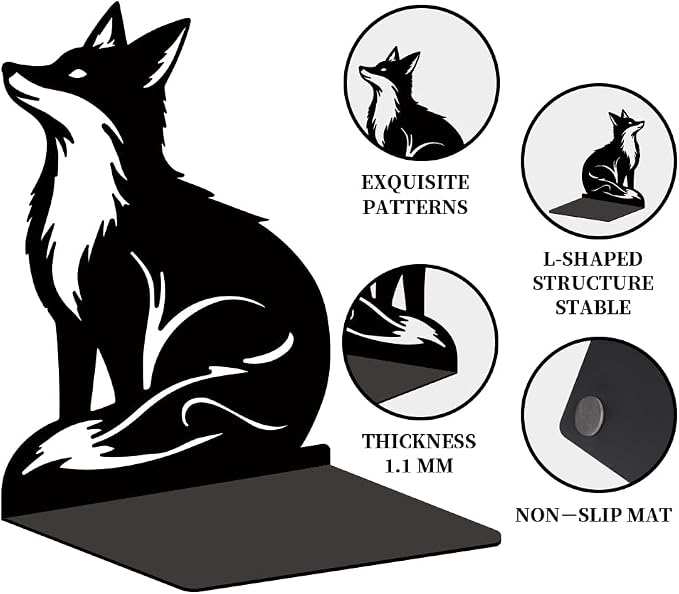 Black Fox Metal Bookends for Shelves, Exquisite Fox Bookshelf Decor Book Ends for Heavy Books, Home School Office Desk Decoration, Book Stopper for Study and Birthday Gift