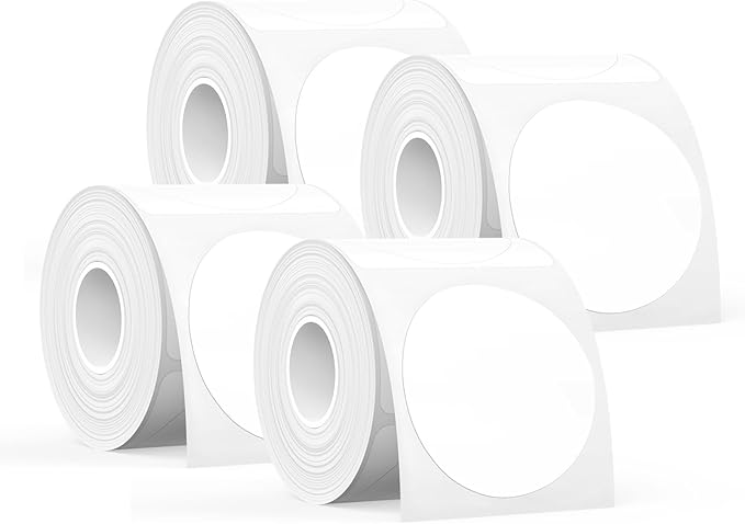 SUPVAN T50M Series Label Maker Tape, 4 Rolls Round Size Φ 2'' 140 Labels/Roll Genuine Laminated Thermal Label Tape Refill, Waterproof Oilproof Highly Adhesive Auto Detect Labels, Black on White