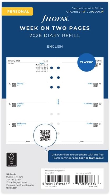 Filofax Calendar Diary Refill, Personal/Compact Size, Week-to-View, White Paper, Unruled, English, 2026 (C68421-26)