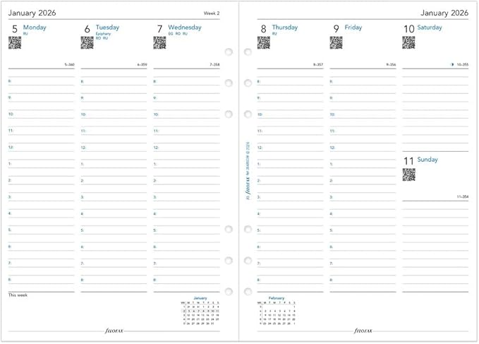 Filofax Calendar Diary Refill, A5 Size, Week-to-View with Appointments, Vertical, Multi-Fit, White Paper, English, 2026 (C68521M-26)