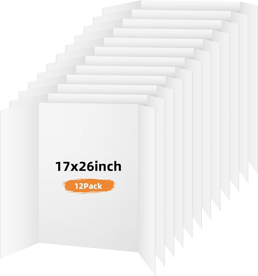 12 Pack Trifold Poster Board, 17x26 Inches White Presentation Board, Portable Display Board for Science Fair, School DIY Project and Business Exhibitions