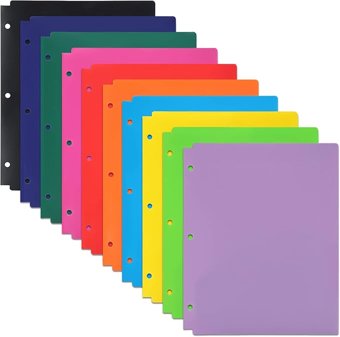EOOUT Binder Folders 10pcs Colored File Folders, Plastic Folders with Pocket and 2 Business Card Slot, 3 Hole Punch Poly Folders Fits in 3 Ring Binder for School Office