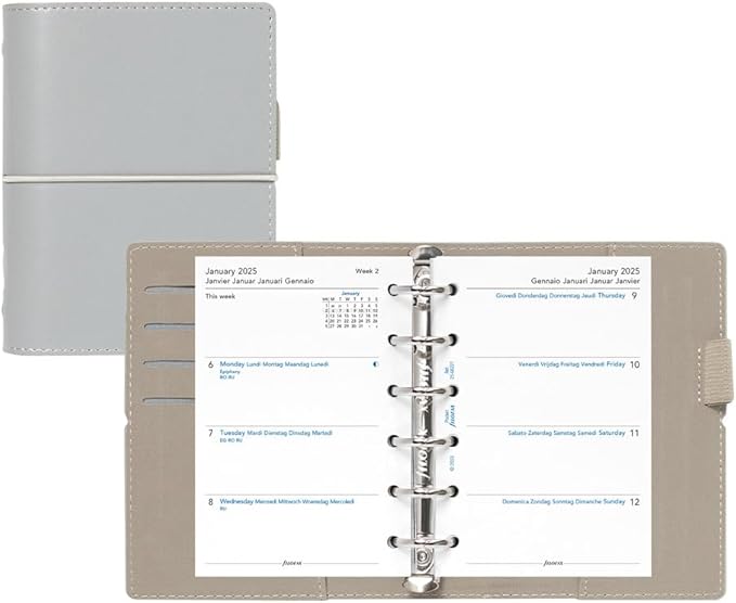 Filofax Domino Organizer, Pocket Size, Grey - Smooth, Leather-Look Grain Effect, Contrast Stitching, Six Rings, Week-to-View Calendar Diary, Multilingual, 2025 (C022611-25)