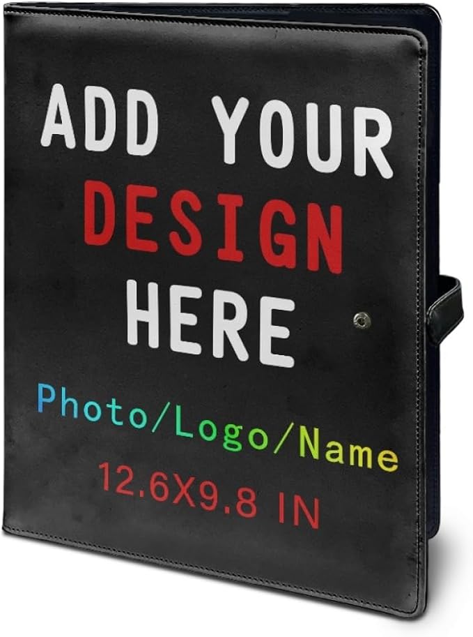Personalized Padfolio Clipboard Folder Add Your Own Logo Text Text, Custom Leather Portfolio for Men Women with A4 Size Clip Board, Black