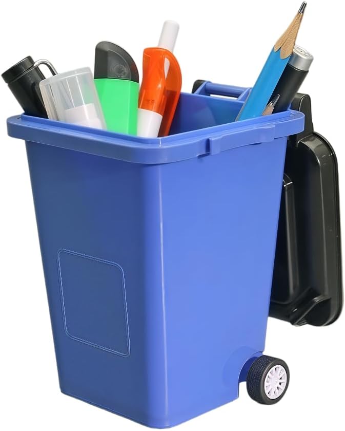 Adorable Cartoons Pencil Holders - Multifunctional Desktop Organizers (Blue Mini Garbage Trash)