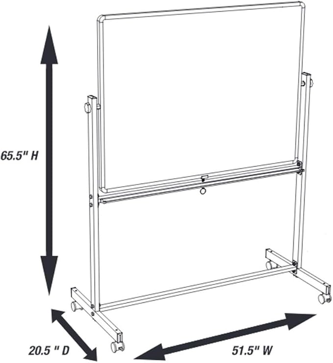Luxor 48" W x 36" H Rolling Reversible Dry Erase Double-Sided Magnetic Whiteboard with Aluminum Frame and Marker Tray - Perfect for School, Classroom, Conference and Presentation