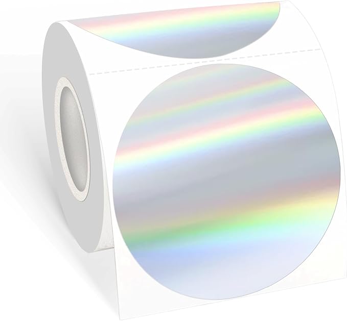 Round Thermal Label Printer Stickers, 3 Inch Holographic Silver Thermal Label Sticker, Holographic Circle Direct Printer Stickers- Perforation Line Design