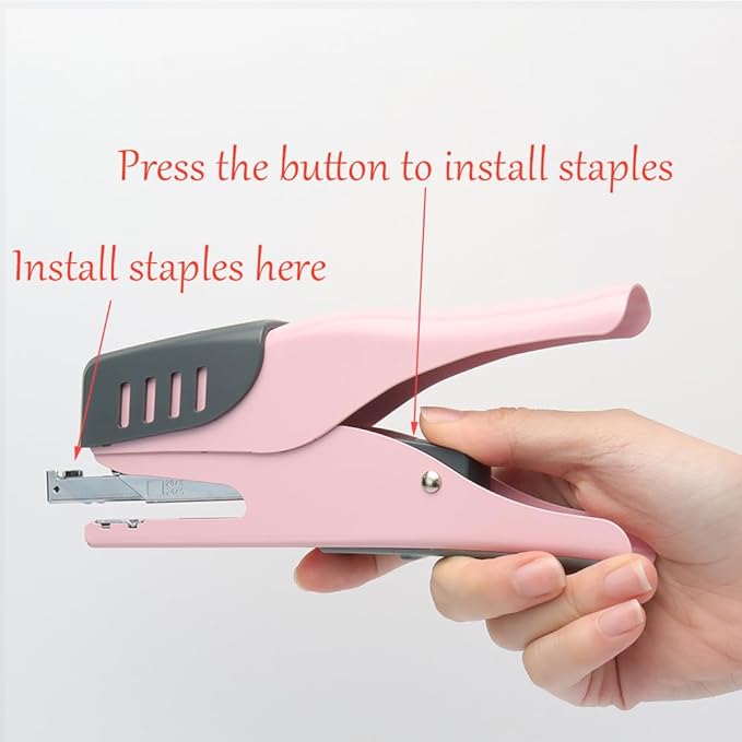 NatSumeBasics Plier Effortless Stapler & 1000 Rose Gold Staples, Handheld Stapler 45 Sheet Capacity Heavy Duty Manual Staplers for Office Accessories Supplies (Pink)