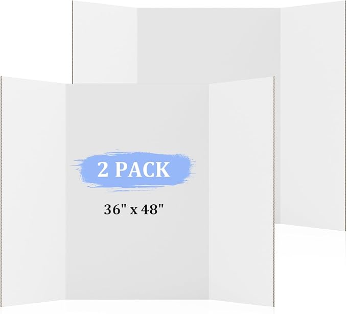 AKONEGE 2 Pack 36" x 48" Trifold Poster Board for Presentation, White Corrugated Cardboard Large Tri Fold Poster Board for Science Fair, Office & School Projects, Photo Displays, Exhibitions Event