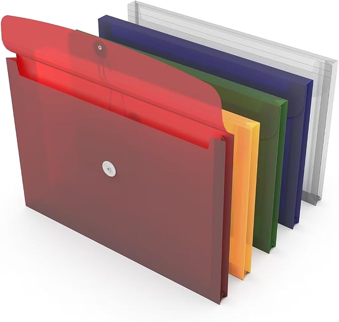 1InTheOffice Poly Envelopes Button & String Closure, Expanding Wallet, Legal Size, Assorted Colors, 10/Pack