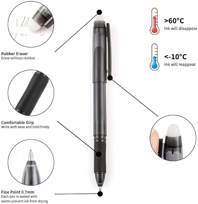 Volcanics Erasable Gel Pens, 0.7mm Fine Point Gel Erasable Ink Pens with Eraser - Rocket Book Pens, Soft Black and Blue, 12 Pack, Smooth Writing Pens Pencil-Like Precision for Home School & Office