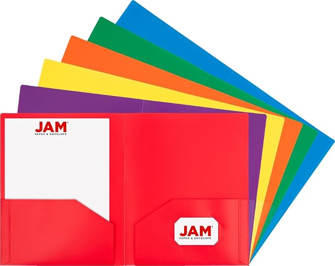 JAM PAPER Heavy Duty Plastic 2 Pocket Extra Tough School Folders - Assorted Primary Colors - 12 Folders/Pack (2 Assorted Packs of 6)