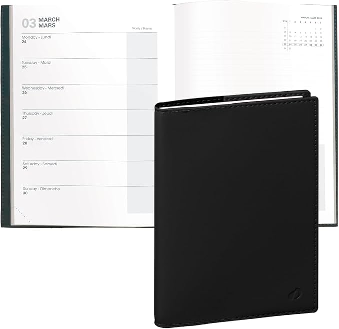 Quo Vadis 2026 Note - Bi-Lingual (EN/FR) - Weekly/Monthly Planner - 16 Months, Sept. 2024 to Dec. 2026 - 6" x 8 1/4" - Smooth Faux Leather Soho Black - A Modern Design for Journaling and Detailed Planning