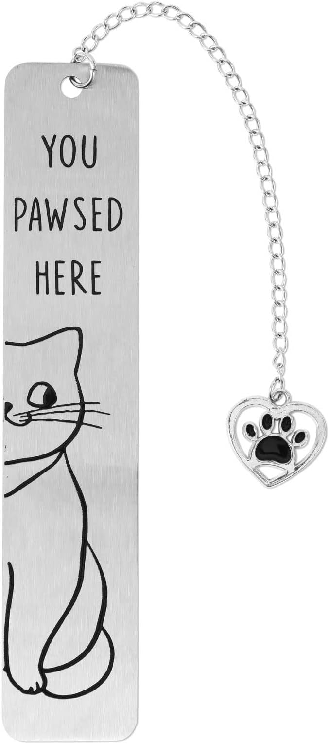 Cute Cat Bookmark, Reading Lover Gift Zinc Alloy Bookmarks for Women Funny Book Marks with Paw Heart Pendent Cute Smile Bookmark for Book Lovers (Silver Smile Cat)