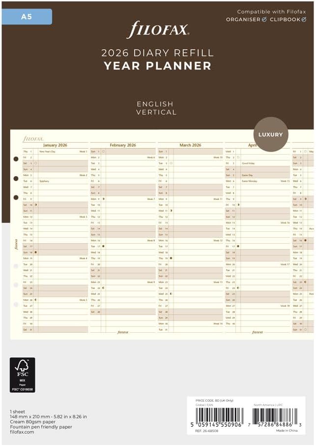 Filofax Calendar Diary Refill, A5 Size, Vertical Year Planner, Cotton Cream Paper, English, 2026 (C68508-26)