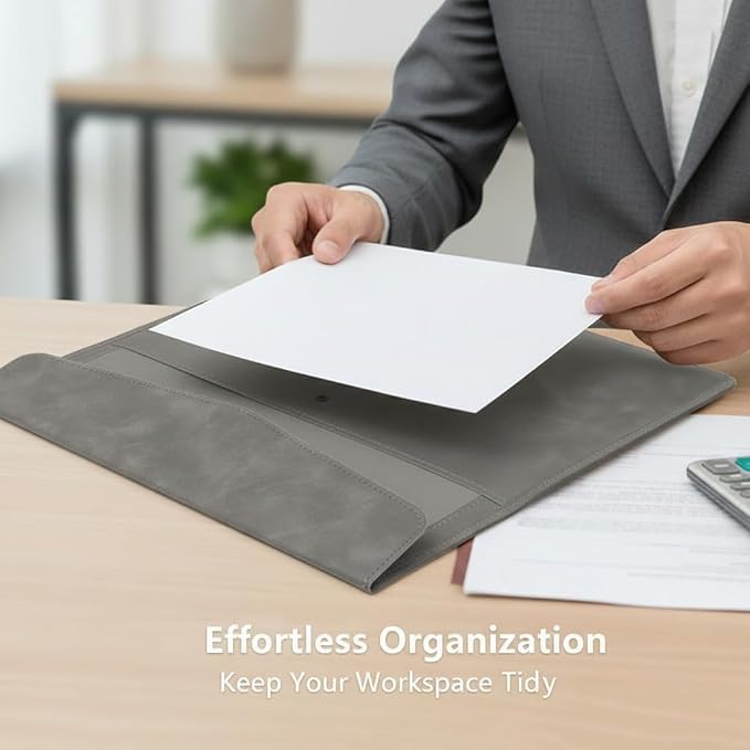 Leather Document Pouch A4 File Folder - Square Flap Document Holde Reusable Filling Envelopes - Thickened Snap-Closure Waterproof Business Organizer (1 Pc – Grey)