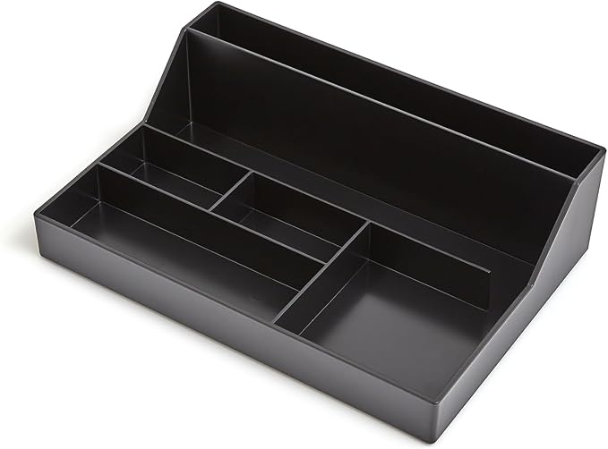 TRU RED Plastic Desktop Organizer, 6‑Compartment, Black – Desk Storage for Office Supplies & Accessories