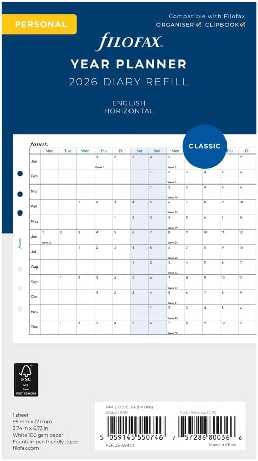 Filofax Calendar Diary Refill, Personal/Compact Size, Horizontal Year Planner, White Paper, English, 2026 (C68401-26)