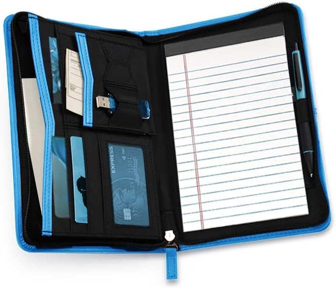 Lcjtop Junior Business Padfolio - A5 PU Leather Portfolio Binder & Zippered Binder Folder with 5 x 8 Writing Pad and Interior Storage Pocket Executive Business Organizer for Women,Blue