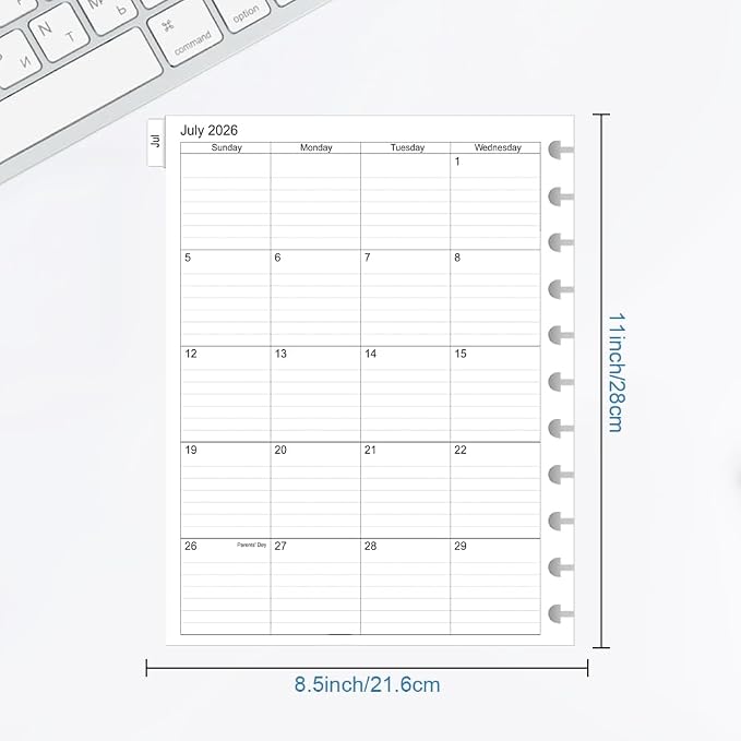 2026-2027 Monthly Planner Refill, Jul 2026 to Jun 2027, Two Pages Per Month, Letter Size, 8-1/2" x 11",11-Discbound,2026-2027 Planner Inserts