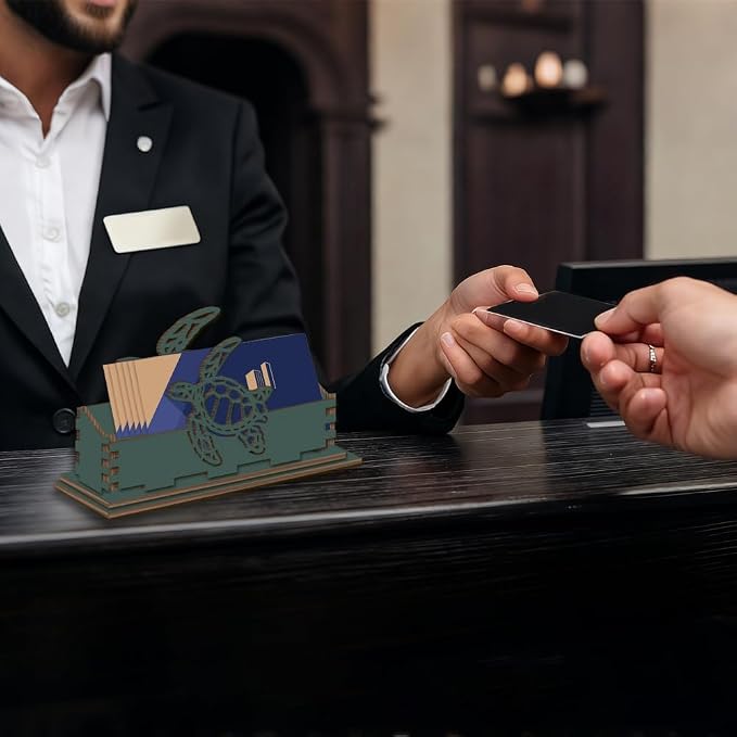 2Pcs Sea Turtle Business Card Holder for Desk 4.5 x 1.6 x 3.5 Inch Business Card Display Stand Turtle Pattern Wooden Decorative Organizers for Office Desktop Home Tabletop Summer Decoration