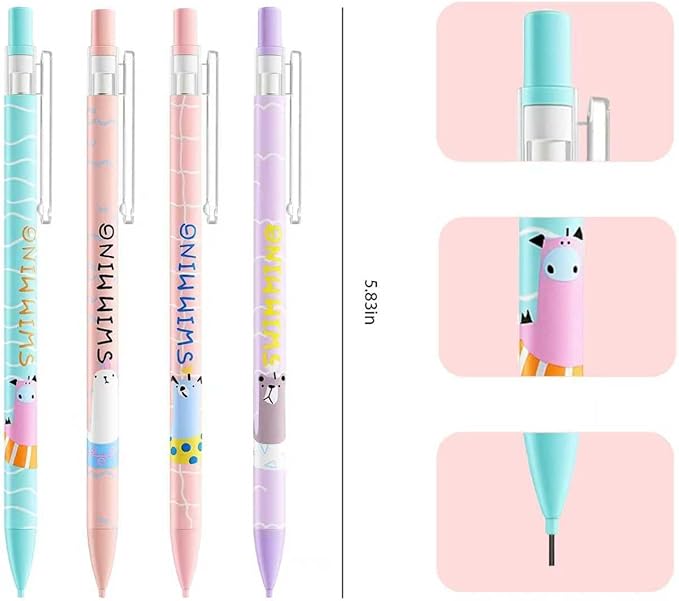 4Pcs Cute Animal Mechanical Pencils with Eraser 0.7mm Kawaii Cartoon Mechanical Pencil School Pencil for School Office Writing Draft Drawing