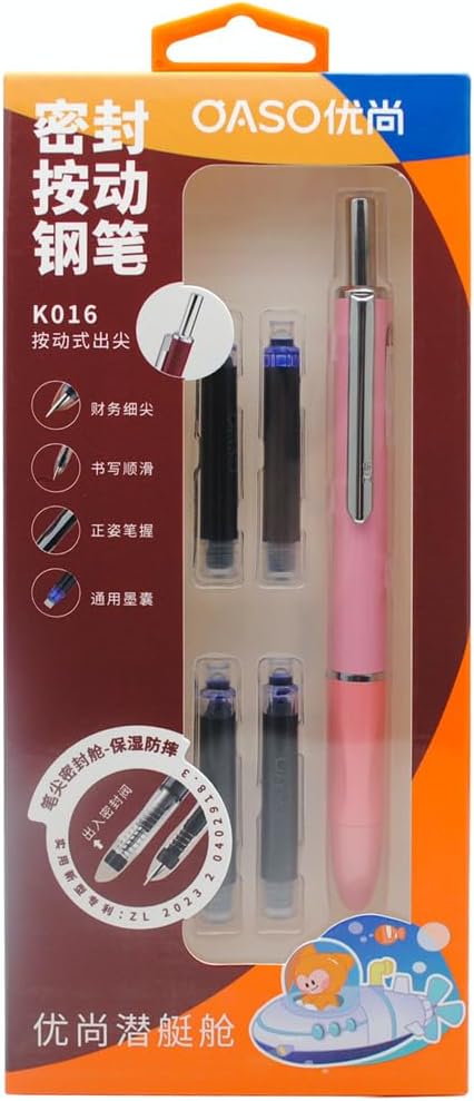 OASO K016 Retractable Fountain Pen Set 0.5mm with 4pcs Blue Ink Cartridges Smooth Writing for School Students (Coral Pink)