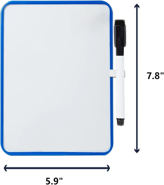 Magnetic Dry Erase Board for School Locker, 6" x 8", Blue Framed with Marker and 2 Magnets - Small Whiteboard for Classroom, Home, Office, Travel