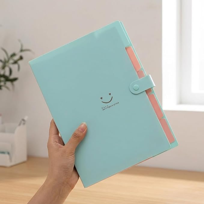 Smile face Expanding File Folder, 5 Pockets Plastic Document Organizer, A4 Letter Size Accordion Folder with Snap Closure, Portable Durable Paper Organizer for Home Office School (Green)
