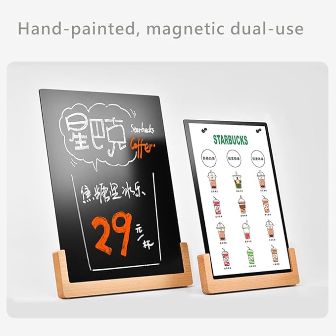 Tabletop Chalkboard Signs with Base Stand Carbon Steel Menu Chalkboard Stand, Message Board for Shop, Restaurant, Home Decoration (Wooden Base 22 * 31cm/8.6612.20inches)