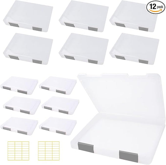 12 Pcs Clear A4 A5 File Box Document Plastic Storage Box with 48 Labels File Holder Organizer Paper Plastic Case Magazine Protector with Buckle Office School Supplies(Grey)