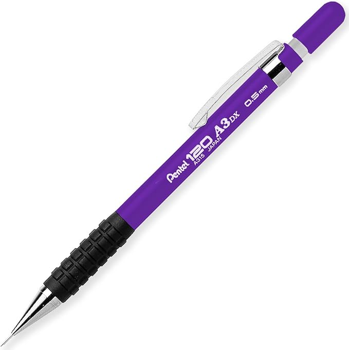 Pentel 120 Series Automatic Mechanical Pencil A315 + 12 HB Refill Leads + Tube of Eraser Refills - In Pillow Packaging - 0.5mm - Violet