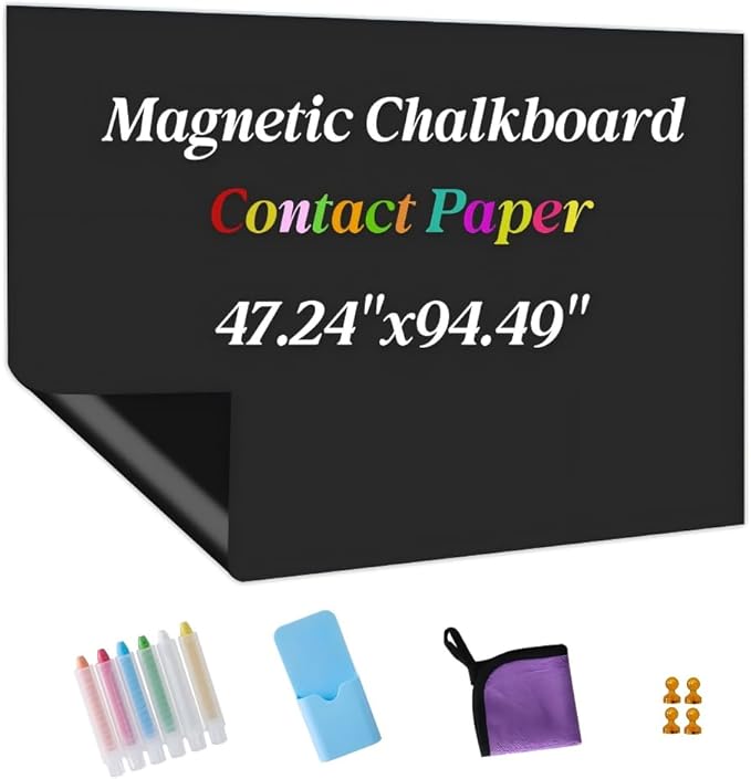 Magnetic Chalkboard Contact Paper Adhesive 47.24" x 94.49", Magnetic Chalkboards for Wall, Peel and Stick Wall Decal for Classroom Home Includes Dustless Chalks and Wiping Cloth