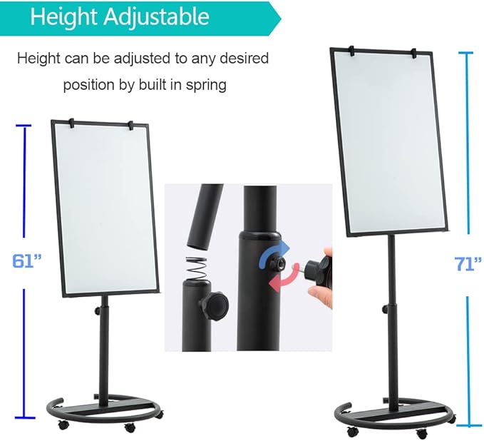Black Mobile Whiteboard on Wheels 36 x 24 Inch-Rolling Magnetic Dry Erase Easel Board with Flipchart Paper Pad-Height Adjustable Standing Board for Meetings, Classes, Training, Workshops