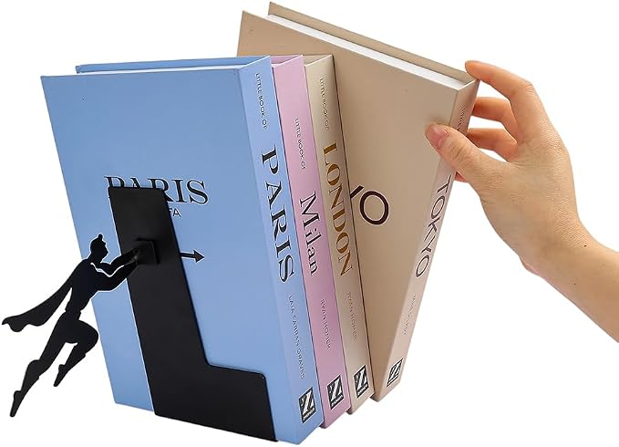 Superhero Decorative Bookends for Shelves, Metal Book Ends for Heavy Books, Non Slip Book Stoppers with Flying Hero Design, Decorative Shelf Book Holders for Home Office Kids Room Library Decor(Black)