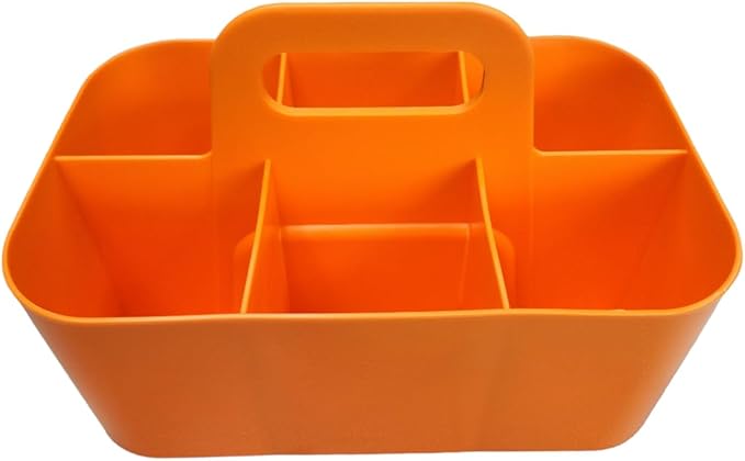 Small Stackable Plastic Caddy with Handle 6 Compartment | Desk, Makeup, Dorm Caddy, Classroom Art Organizers - 4 Pack, Made In USA (Orange)