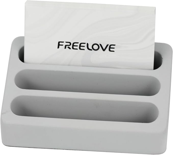 FREELOVE Desktop Card Holder, Concrete, Handmade, 3 Stair 3 Slots, Fits 30-50 Business Cards, Stone Weighted, Smooth Finish, Eva Base, Office Desk Organizer (Grey, Small)