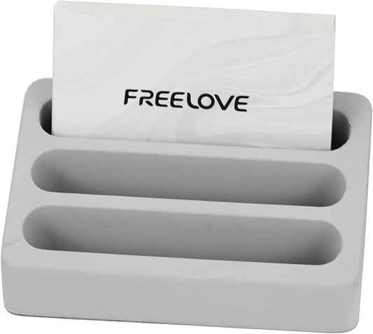 FREELOVE Desktop Card Holder, Concrete, Handmade, 3 Stair 3 Slots, Fits 30-50 Business Cards, Stone Weighted, Smooth Finish, Eva Base, Office Desk Organizer (Grey, Small)