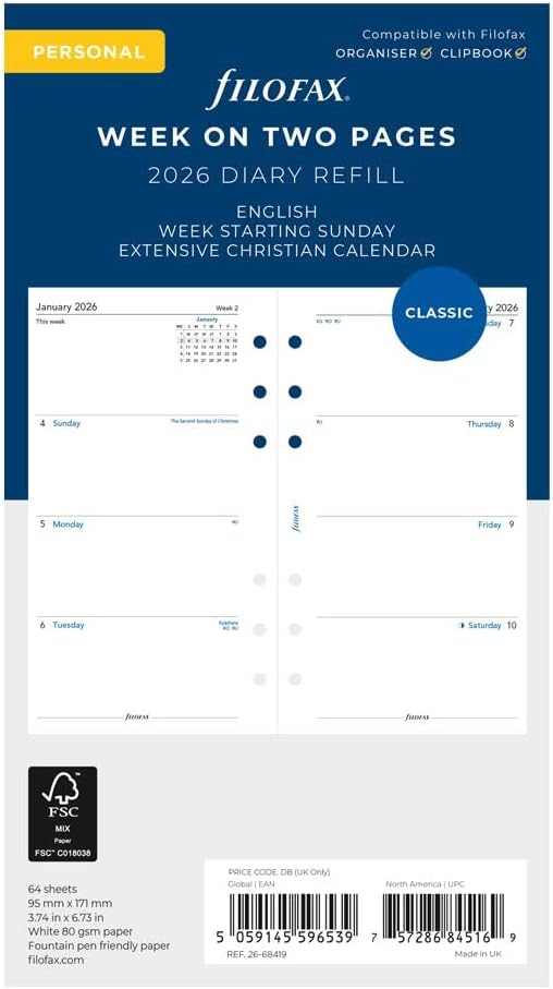 Filofax Calendar Diary Refill, Personal/Compact Size, Week-to-View with Notes Section, Sunday to Saturday, White Paper, Unruled, English, 2026 (C68419-26)