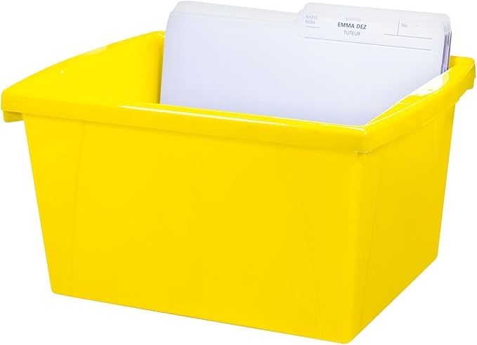 Storex 4 Gallon Storage Bin with Lid – Plastic Classroom Organizer for Books and Supplies, Yellow, 1-Pack (61410A06C)
