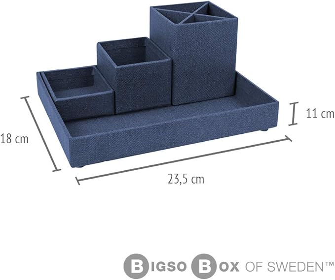 Bigso Box of Sweden Desk Storage Organiser for Stationery - Pen Holder with 4 Compartments for Various Office Items - Fibreboard and Paper Stationery Storage - Blue